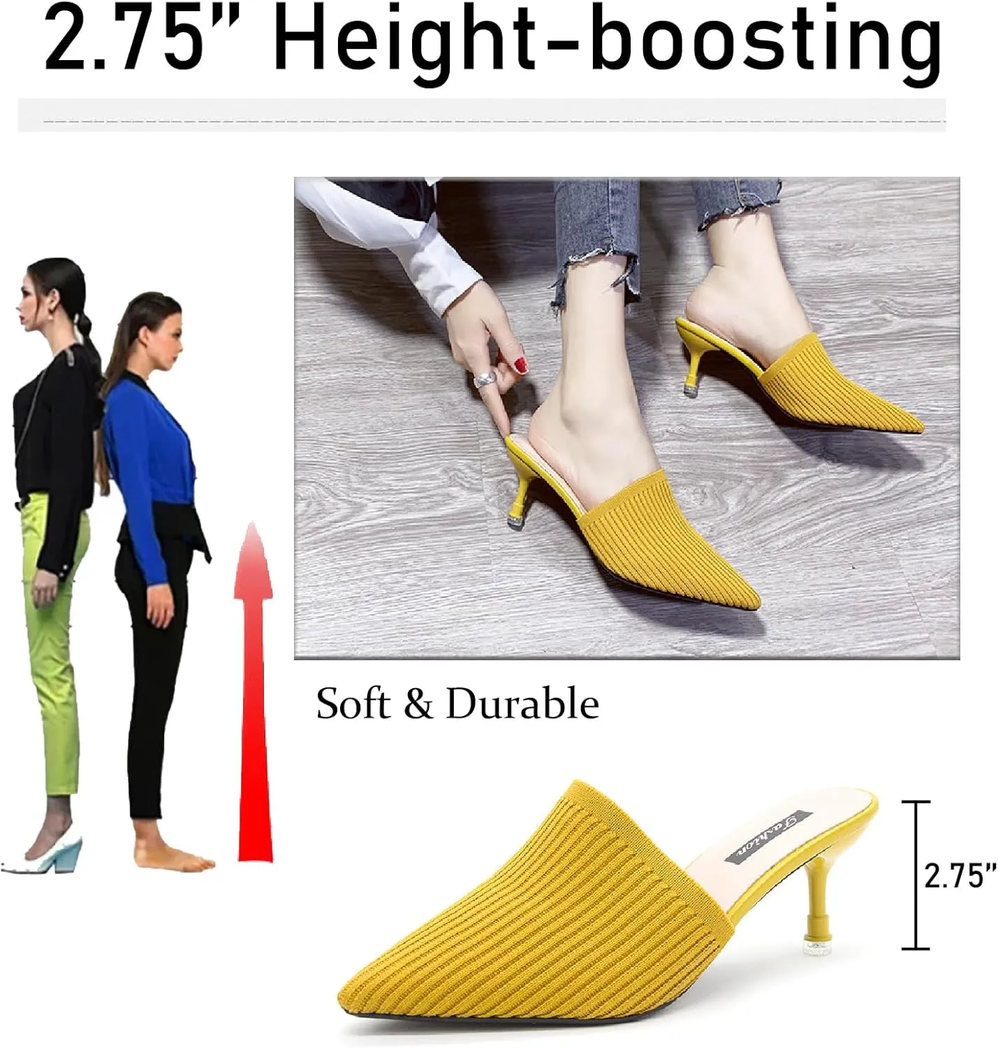 Women's Knit Closed Pointed Toe Kitten Heels Mules Fashion Breathable Mesh Slip On Stiletto Pumps Sandals for Party Prom Date Dressy Slides