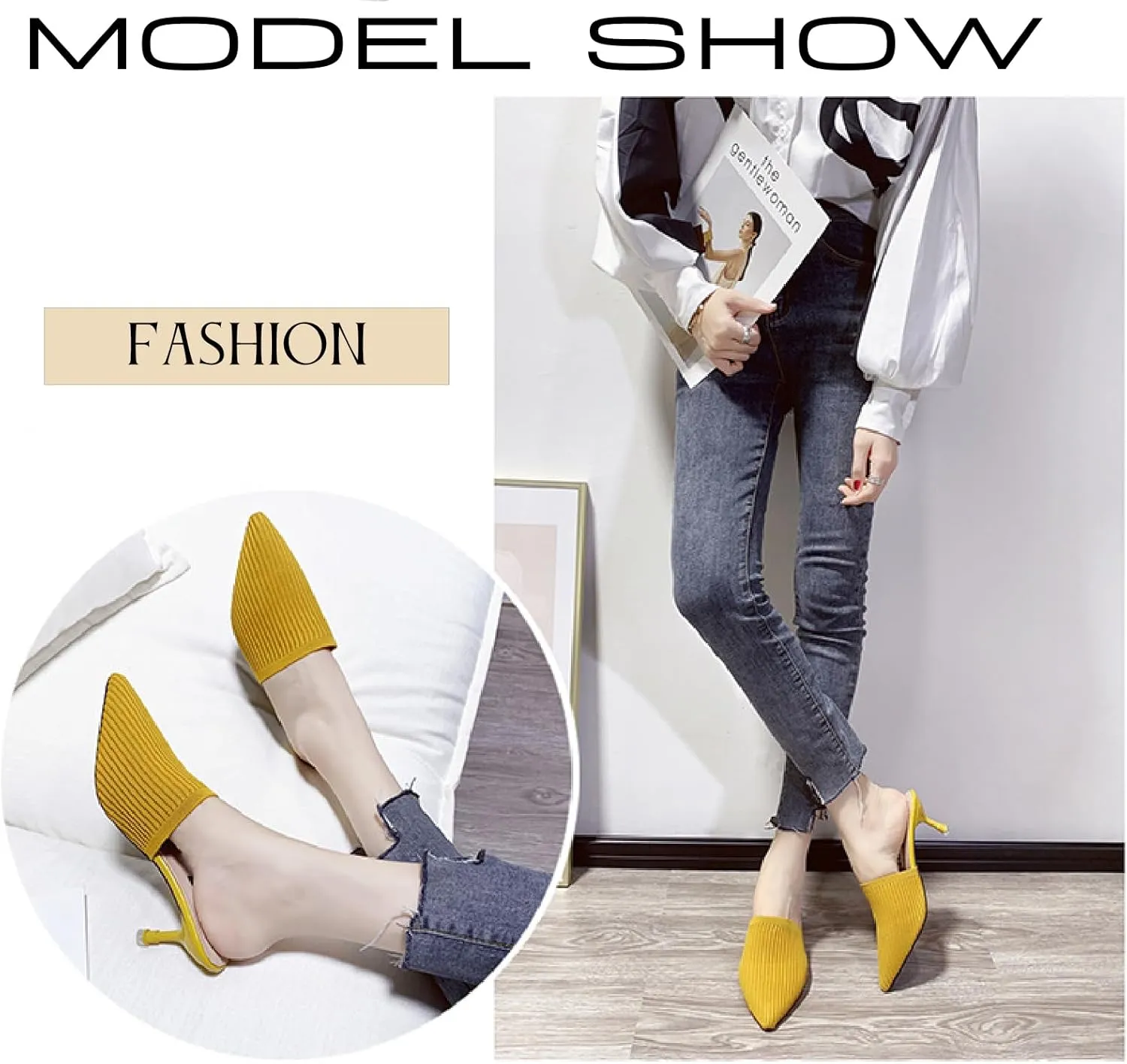 Women's Knit Closed Pointed Toe Kitten Heels Mules Fashion Breathable Mesh Slip On Stiletto Pumps Sandals for Party Prom Date Dressy Slides