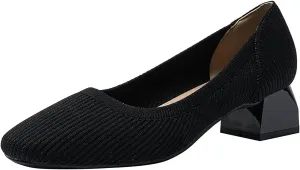 Women's Knitted Square Toe Chunky Heel Pumps,Classic Woven Low Heel Closed Toe Anti-Slip Comfortable Slip On Wedding Party Office Casual Dress Shoes