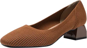 Women's Knitted Square Toe Chunky Heel Pumps,Classic Woven Low Heel Closed Toe Anti-Slip Comfortable Slip On Wedding Party Office Casual Dress Shoes