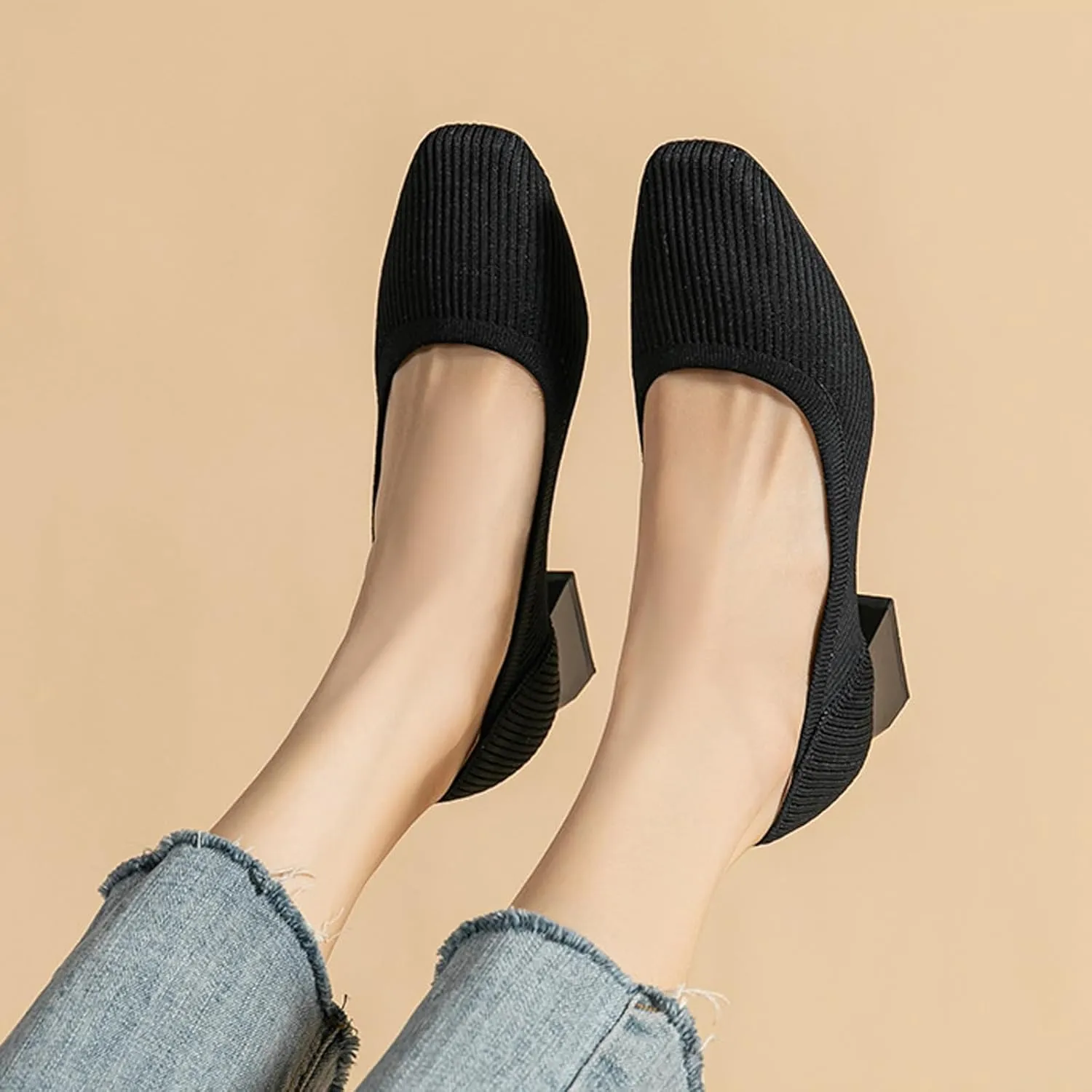 Women's Knitted Square Toe Chunky Heel Pumps,Classic Woven Low Heel Closed Toe Anti-Slip Comfortable Slip On Wedding Party Office Casual Dress Shoes