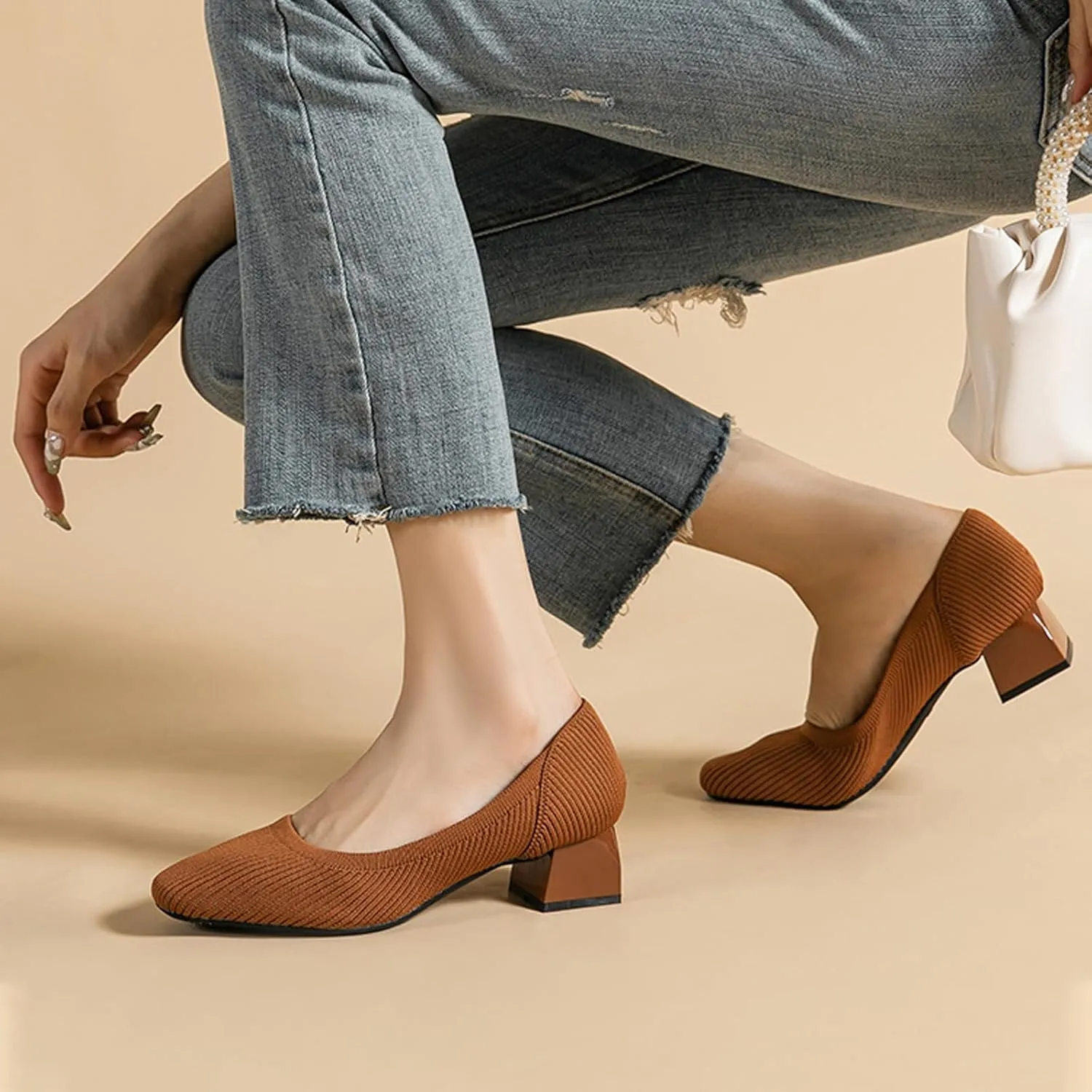 Women's Knitted Square Toe Chunky Heel Pumps,Classic Woven Low Heel Closed Toe Anti-Slip Comfortable Slip On Wedding Party Office Casual Dress Shoes