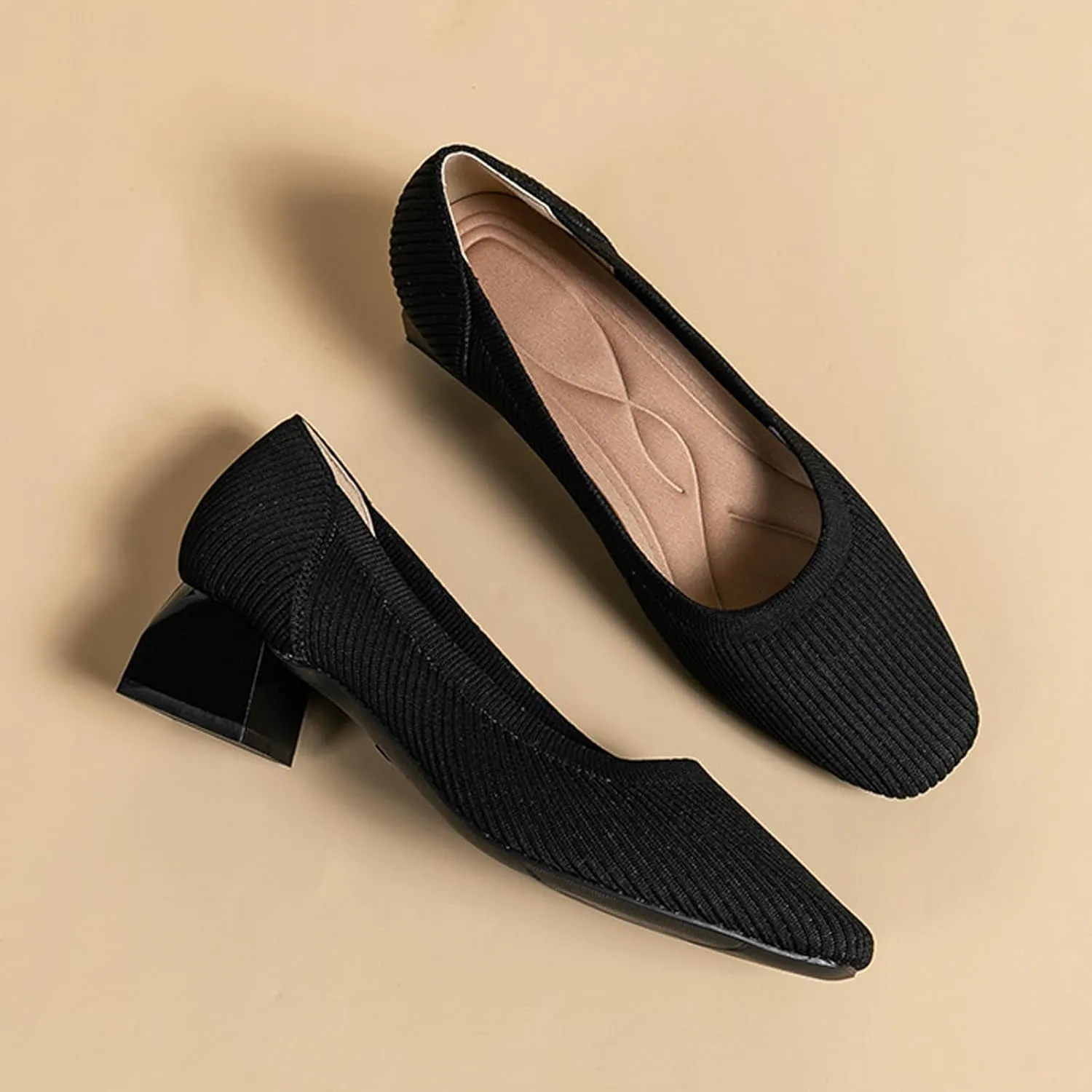 Women's Knitted Square Toe Chunky Heel Pumps,Classic Woven Low Heel Closed Toe Anti-Slip Comfortable Slip On Wedding Party Office Casual Dress Shoes