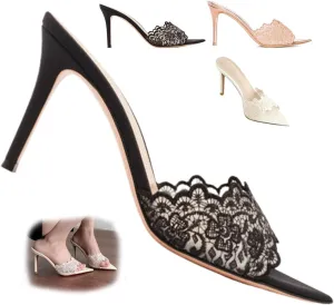 Women's Lace Pointed Open Toe Stiletto Mules, 3-inch High Heel Slip-On Sandals, Sexy Mesh Backless Mule Shoes for Party, Wedding, and Prom Dress