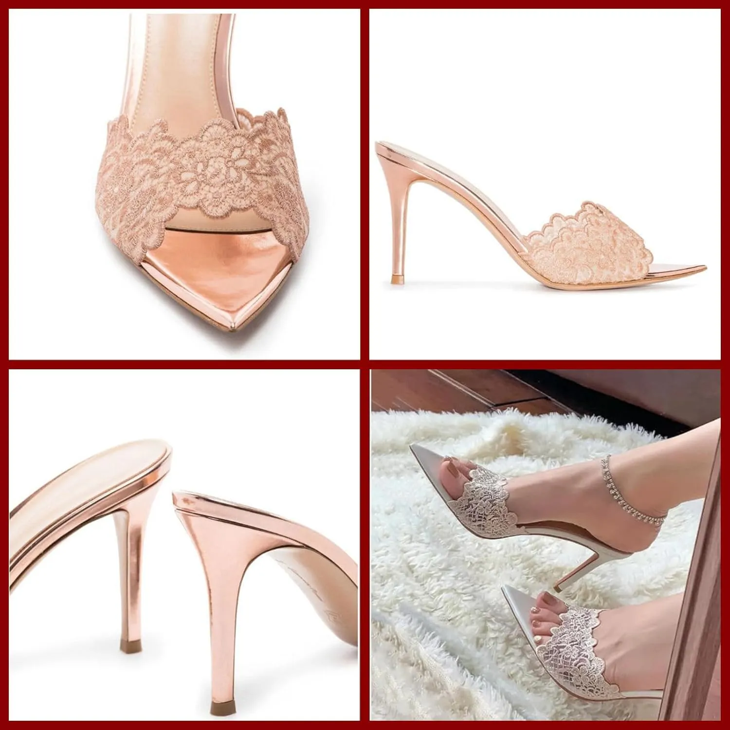 Women's Lace Pointed Open Toe Stiletto Mules, 3-inch High Heel Slip-On Sandals, Sexy Mesh Backless Mule Shoes for Party, Wedding, and Prom Dress
