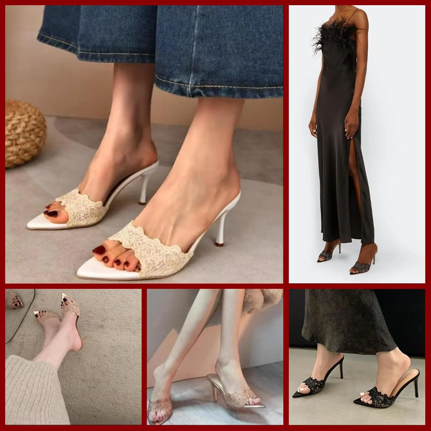 Women's Lace Pointed Open Toe Stiletto Mules, 3-inch High Heel Slip-On Sandals, Sexy Mesh Backless Mule Shoes for Party, Wedding, and Prom Dress