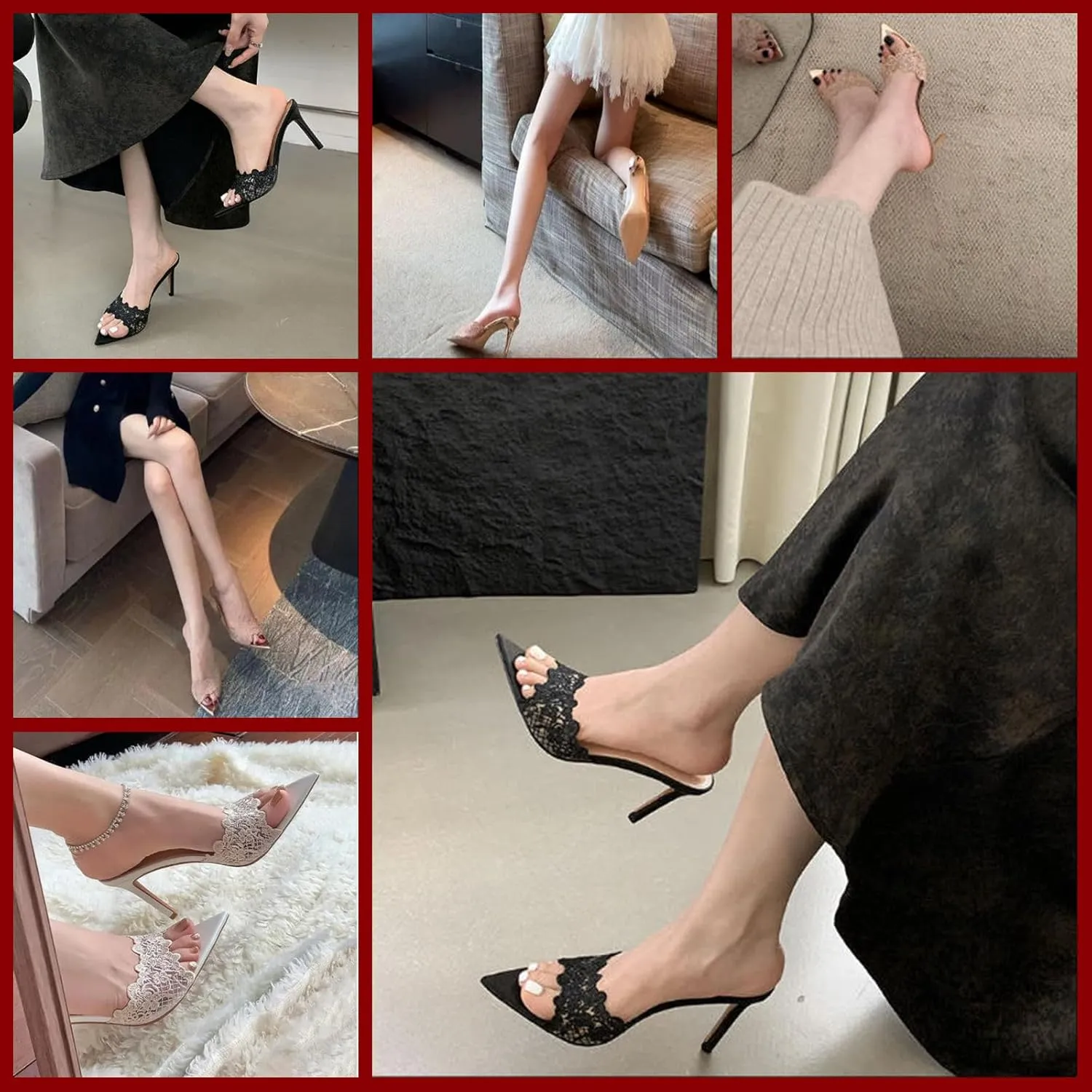 Women's Lace Pointed Open Toe Stiletto Mules, 3-inch High Heel Slip-On Sandals, Sexy Mesh Backless Mule Shoes for Party, Wedding, and Prom Dress