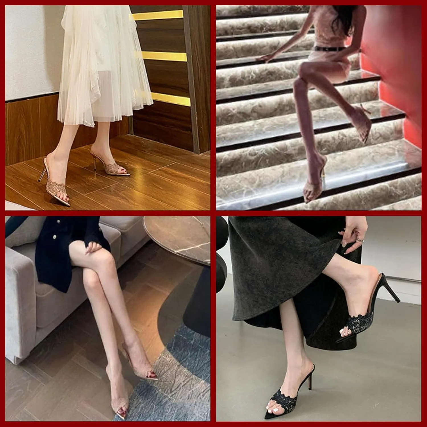 Women's Lace Pointed Open Toe Stiletto Mules, 3-inch High Heel Slip-On Sandals, Sexy Mesh Backless Mule Shoes for Party, Wedding, and Prom Dress