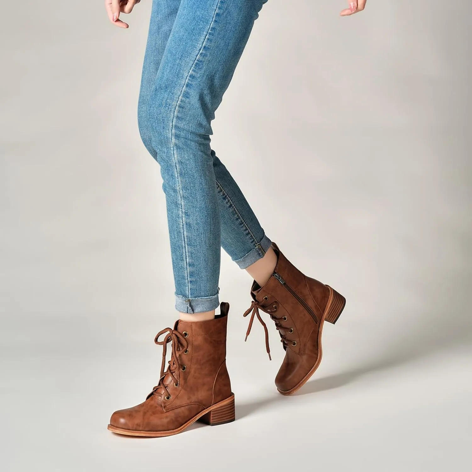 Women's Lace-Up Combat Boots Low Heel Waterproof Casual Fashion Ankle Booties