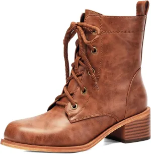 Women's Lace-Up Combat Boots Low Heel Waterproof Casual Fashion Ankle Booties