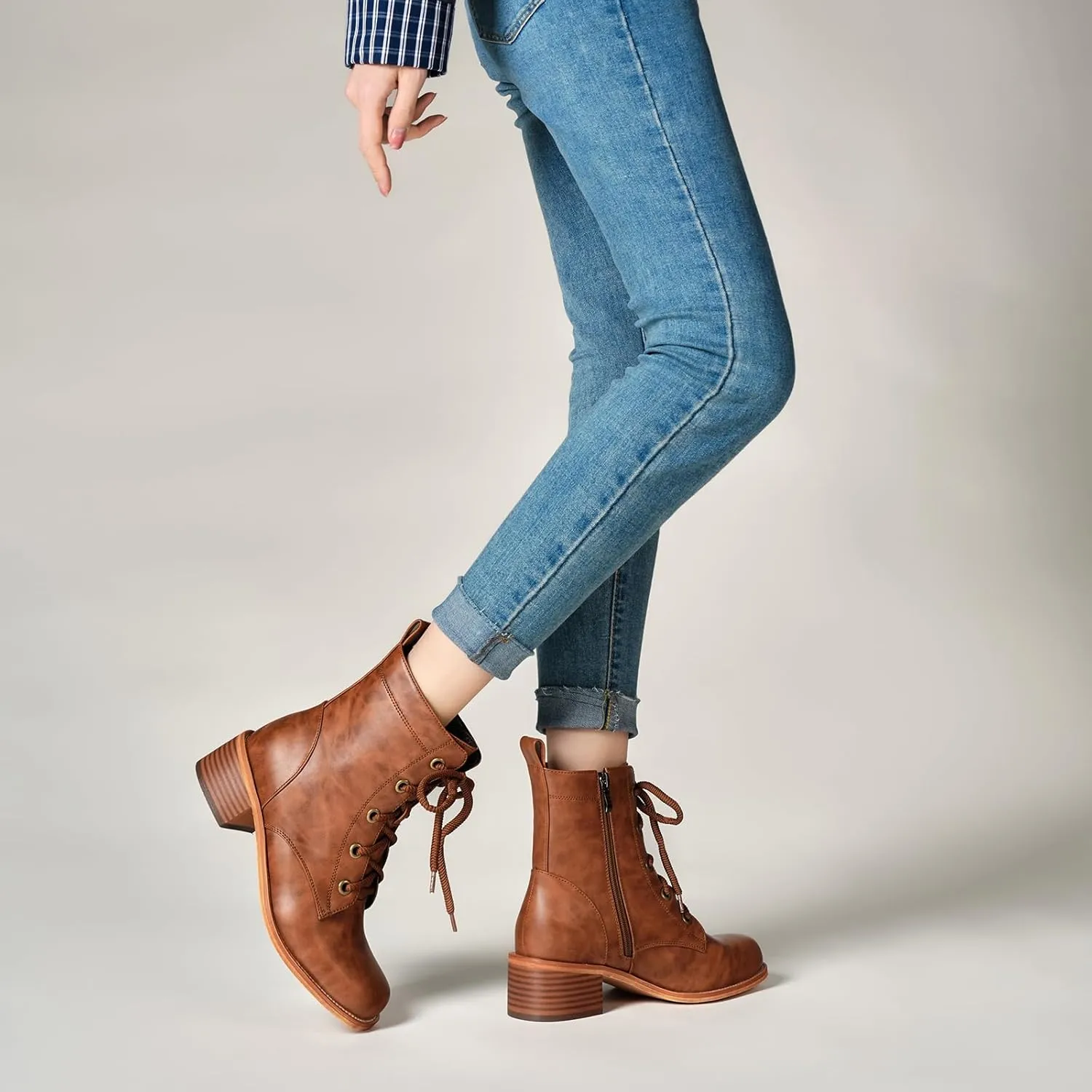 Women's Lace-Up Combat Boots Low Heel Waterproof Casual Fashion Ankle Booties