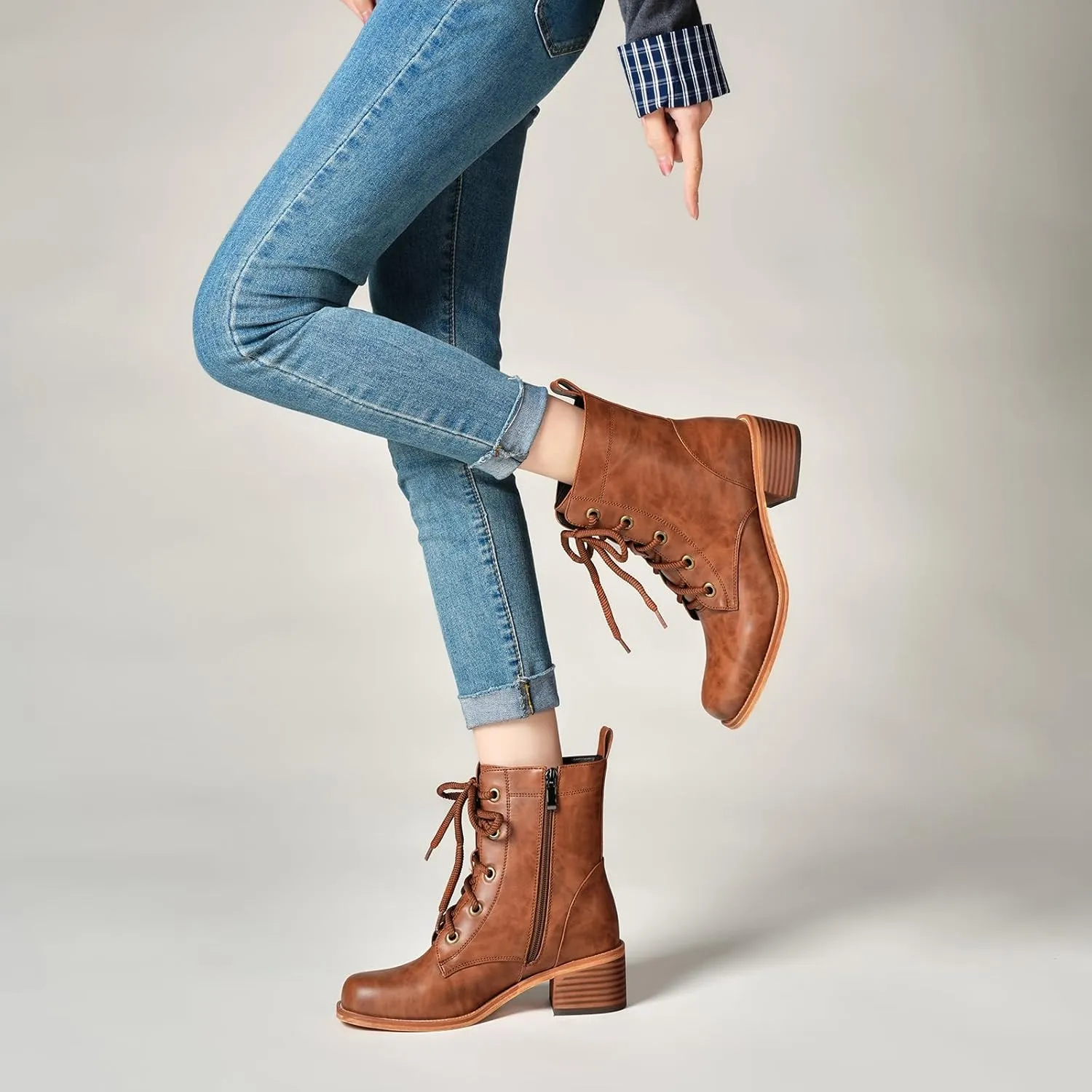 Women's Lace-Up Combat Boots Low Heel Waterproof Casual Fashion Ankle Booties
