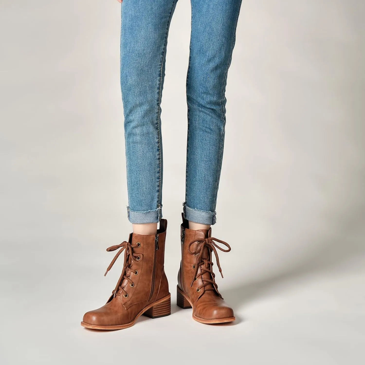 Women's Lace-Up Combat Boots Low Heel Waterproof Casual Fashion Ankle Booties