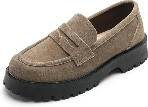 Women's Leather Lug Sole Penny Loafers Classic Round Toe Comfort Slip On Uniform Dress Shoes Casual Fashion Chunky Heel Work Shoes