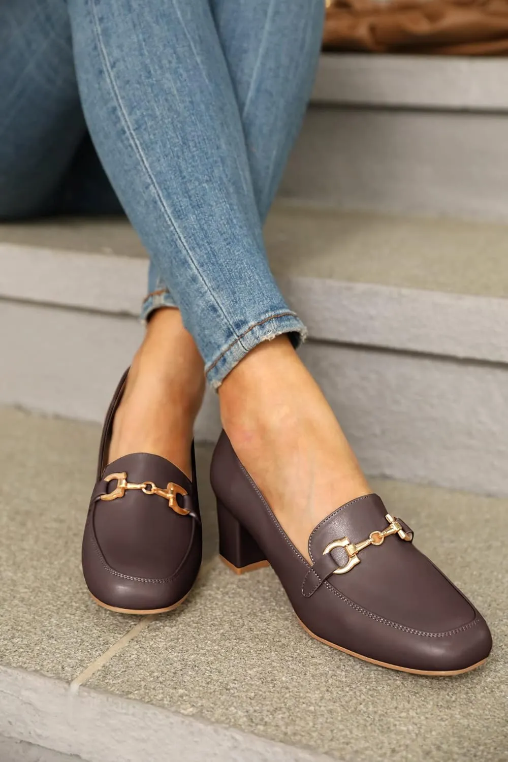 Women's Low Block Heel Pumps Slip On Chain Chunky Heel Closed Square Toe Comfortable Patent Leather Loafers Casual Dressy Business Office Work Shoes