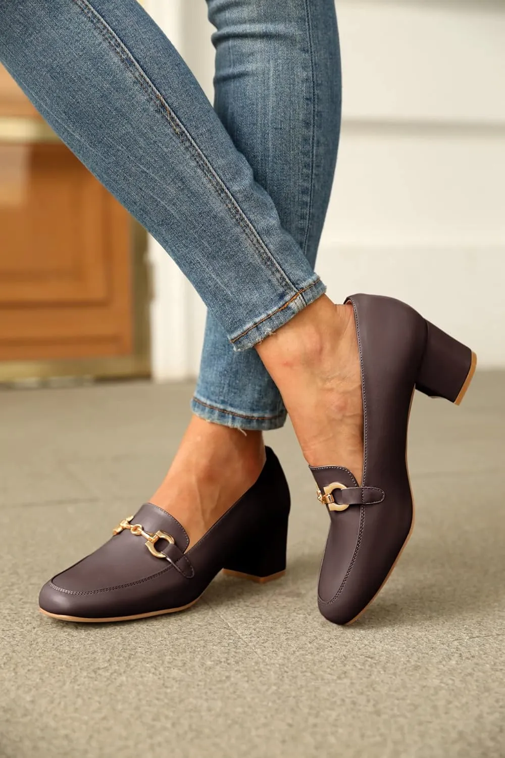 Women's Low Block Heel Pumps Slip On Chain Chunky Heel Closed Square Toe Comfortable Patent Leather Loafers Casual Dressy Business Office Work Shoes