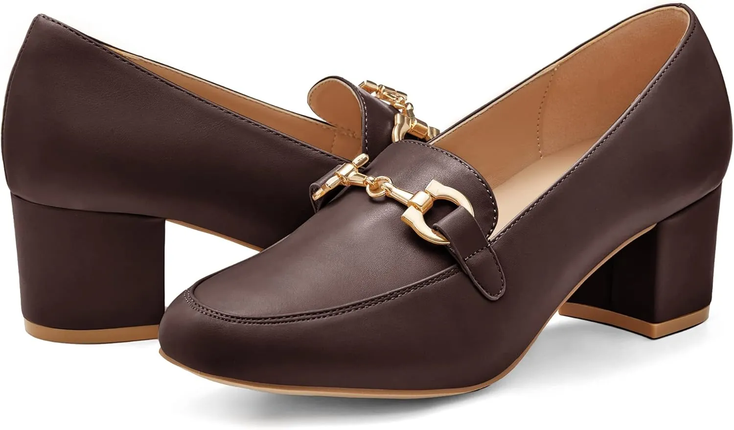 Women's Low Block Heel Pumps Slip On Chain Chunky Heel Closed Square Toe Comfortable Patent Leather Loafers Casual Dressy Business Office Work Shoes