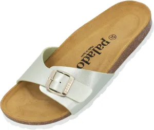 Women's Malta Mules - Elegant Sandals with Adjustable Strap - Slippers for Women with Cork Footbed - Sandals with Natural Leather Outsole, Metallic Palado Pistachio, 7 US