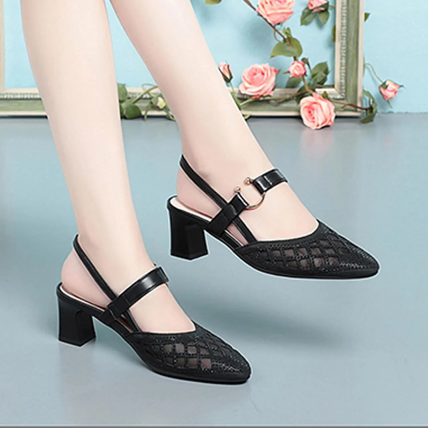 Women's Mesh Rhinestone Chunky Heel Sandals Elegant Closed Pointed Toe Non-Slip Block Heel Slingback Pumps with Instep Buckle Causal Breathable Walking Mam Sandals