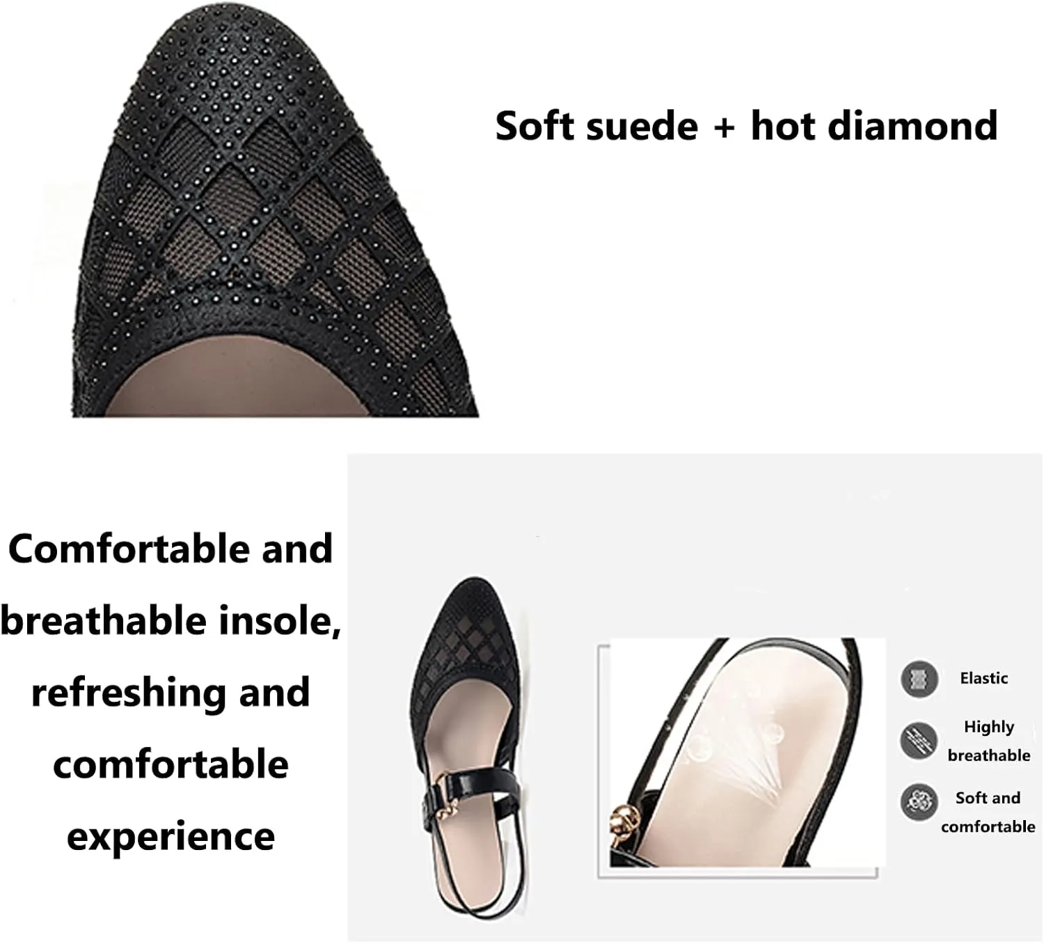Women's Mesh Rhinestone Chunky Heel Sandals Elegant Closed Pointed Toe Non-Slip Block Heel Slingback Pumps with Instep Buckle Causal Breathable Walking Mam Sandals