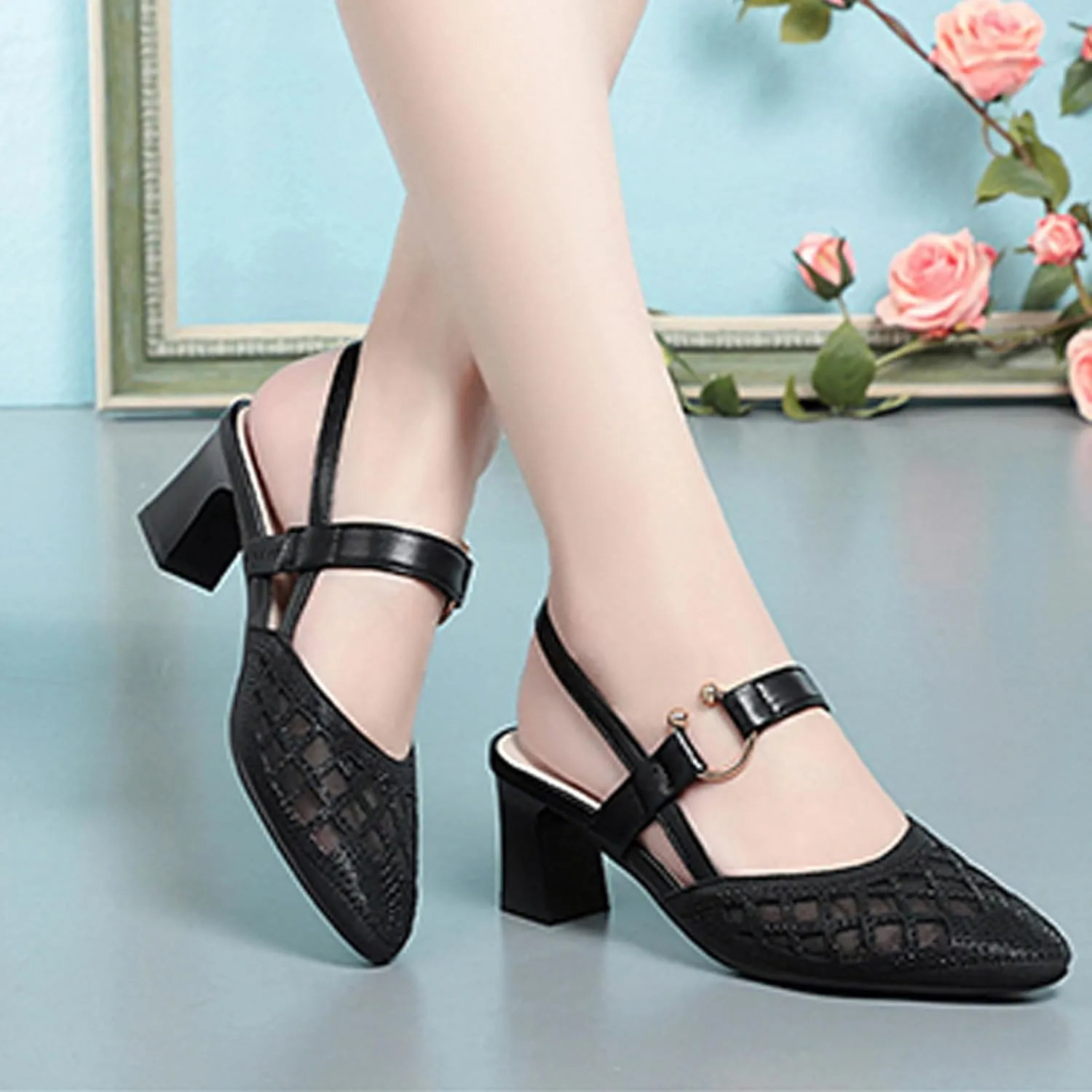Women's Mesh Rhinestone Chunky Heel Sandals Elegant Closed Pointed Toe Non-Slip Block Heel Slingback Pumps with Instep Buckle Causal Breathable Walking Mam Sandals