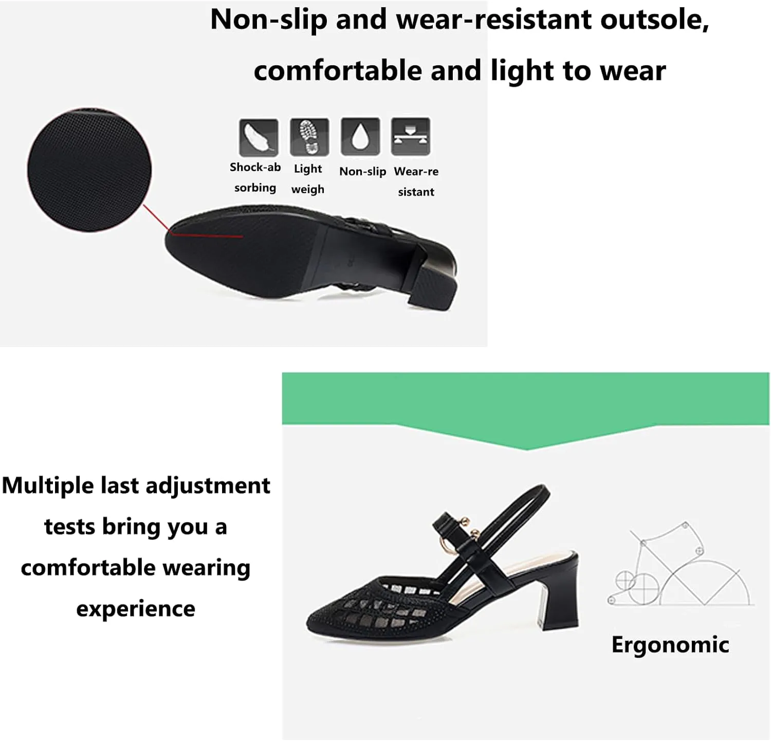 Women's Mesh Rhinestone Chunky Heel Sandals Elegant Closed Pointed Toe Non-Slip Block Heel Slingback Pumps with Instep Buckle Causal Breathable Walking Mam Sandals