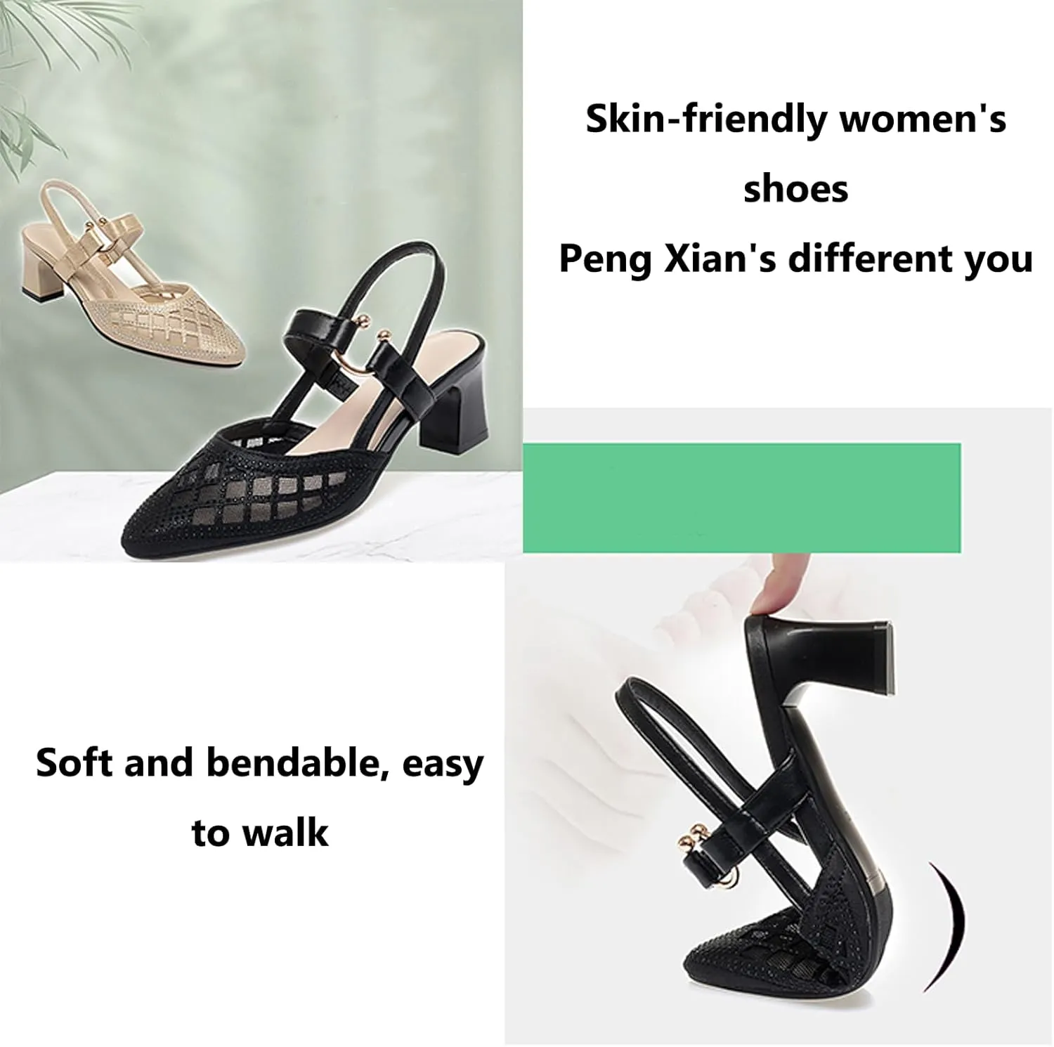 Women's Mesh Rhinestone Chunky Heel Sandals Elegant Closed Pointed Toe Non-Slip Block Heel Slingback Pumps with Instep Buckle Causal Breathable Walking Mam Sandals