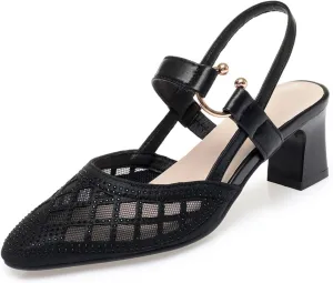 Women's Mesh Rhinestone Chunky Heel Sandals Elegant Closed Pointed Toe Non-Slip Block Heel Slingback Pumps with Instep Buckle Causal Breathable Walking Mam Sandals