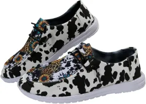 Women's Milky Cow Print Slip-On Loafers - Lightweight Comfortable Casual Shoes with Elastic Laces, Foam Outsole, Orthotic Walking Shoes for Daily Wear, US 6-10