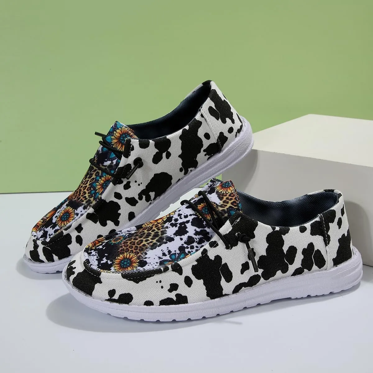 Women's Milky Cow Print Slip-On Loafers - Lightweight Comfortable Casual Shoes with Elastic Laces, Foam Outsole, Orthotic Walking Shoes for Daily Wear, US 6-10