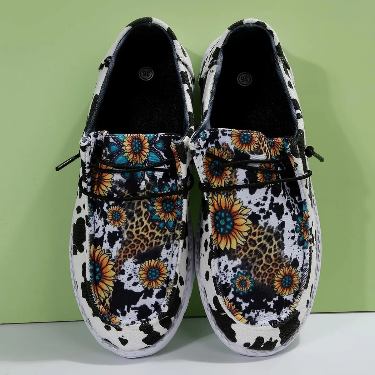 Women's Milky Cow Print Slip-On Loafers - Lightweight Comfortable Casual Shoes with Elastic Laces, Foam Outsole, Orthotic Walking Shoes for Daily Wear, US 6-10