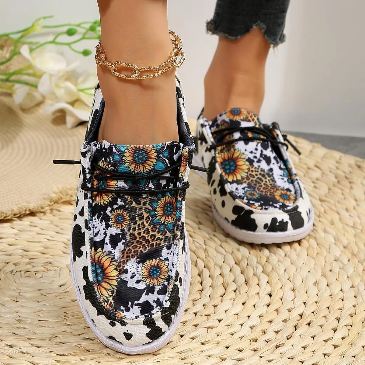 Women's Milky Cow Print Slip-On Loafers - Lightweight Comfortable Casual Shoes with Elastic Laces, Foam Outsole, Orthotic Walking Shoes for Daily Wear, US 6-10