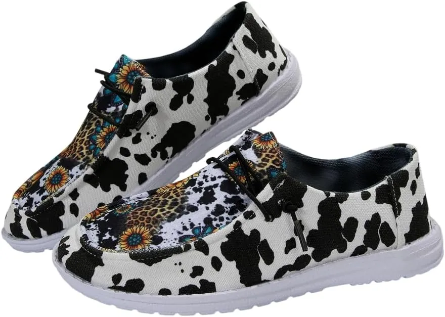 Women's Milky Cow Print Slip-On Loafers - Lightweight Comfortable Casual Shoes with Elastic Laces, Foam Outsole, Orthotic Walking Shoes for Daily Wear, US 6-10