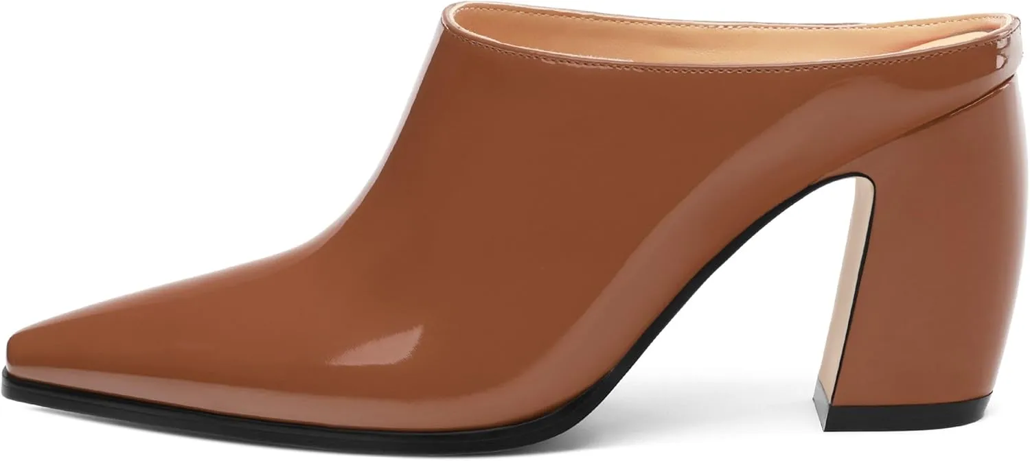 Womens Mules, Closed Square Toe Chunky Heel Mules, High Block Heel Backless Loafers Shoes, Slip On Mules for Women Dress Party Shoes 3.35 Inch