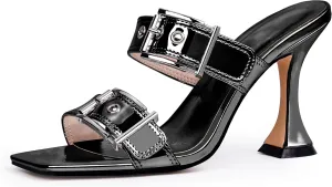 Women's Open Square Toe Heeled Sandals Sexy Stiletto High Heel Slip On Buckle Strap Patent Leather Casual Party Shoes