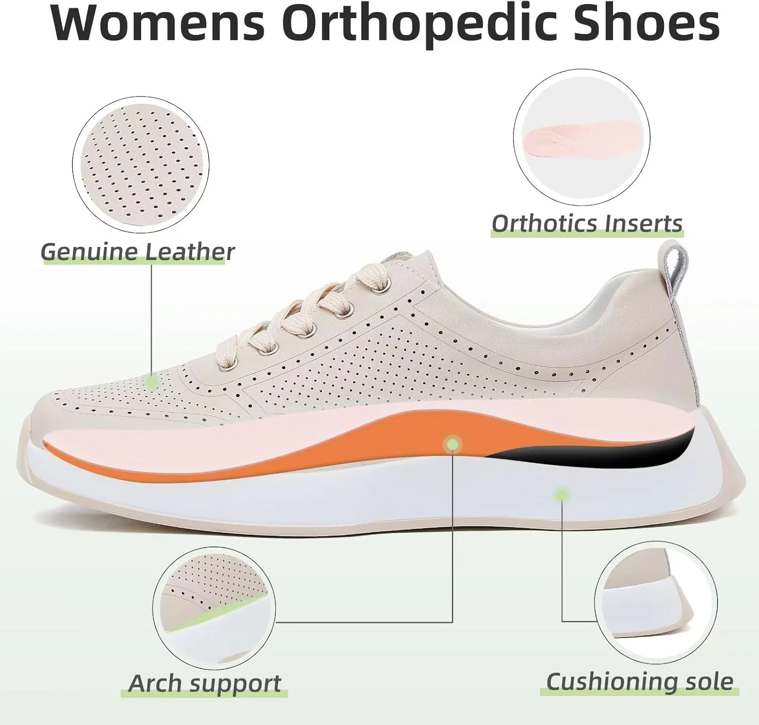 Women's Orthopedic Leather Dress Walking Shoes: Comfortable Shoes with Arch Support for Plantar Fasciitis, Casual Flat Feet Supportive Fashion Sneakers for Foot and Heel Pain Relief