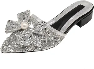 Women's Pearl Rhinestone Bow Low Heels Mules Glitter Pointed Toe Comfortable Block Heel Backless Slip on Clogs Sandals for Party Date Wedding Fashion Dress Slides