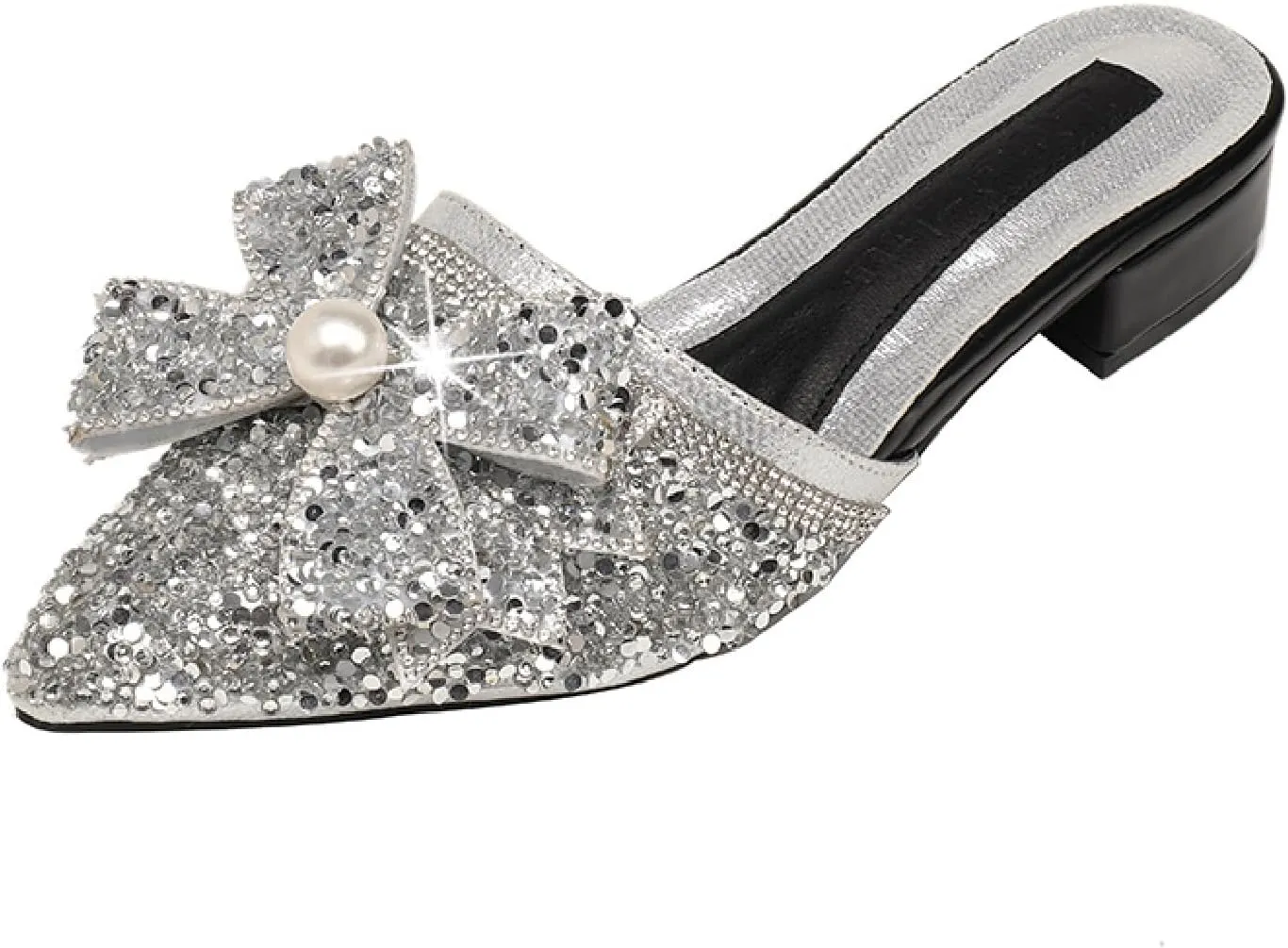 Women's Pearl Rhinestone Bow Low Heels Mules Glitter Pointed Toe Comfortable Block Heel Backless Slip on Clogs Sandals for Party Date Wedding Fashion Dress Slides