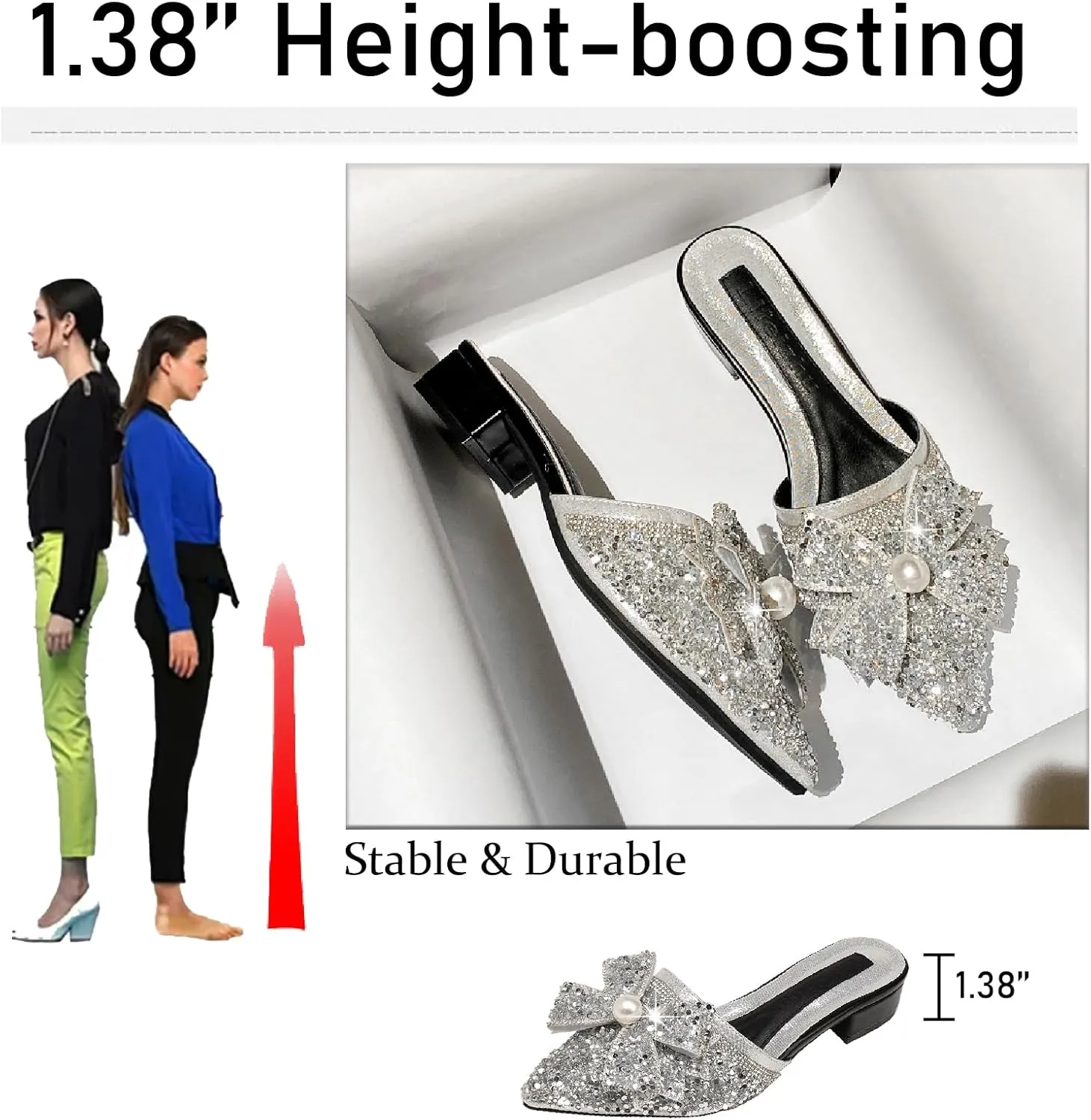 Women's Pearl Rhinestone Bow Low Heels Mules Glitter Pointed Toe Comfortable Block Heel Backless Slip on Clogs Sandals for Party Date Wedding Fashion Dress Slides