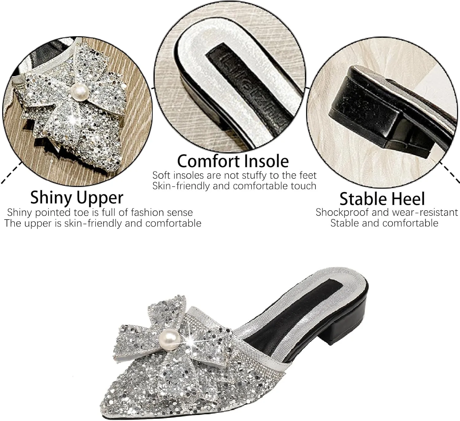 Women's Pearl Rhinestone Bow Low Heels Mules Glitter Pointed Toe Comfortable Block Heel Backless Slip on Clogs Sandals for Party Date Wedding Fashion Dress Slides