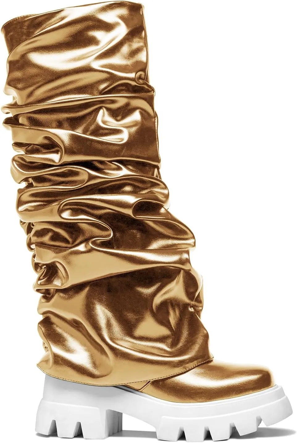 Women's Platform Round Toe Fold Over Boots Metallic Mid Calf Boots Chunky Heel Pull-On Fashion Shark Booties for Ladies Party Shoes