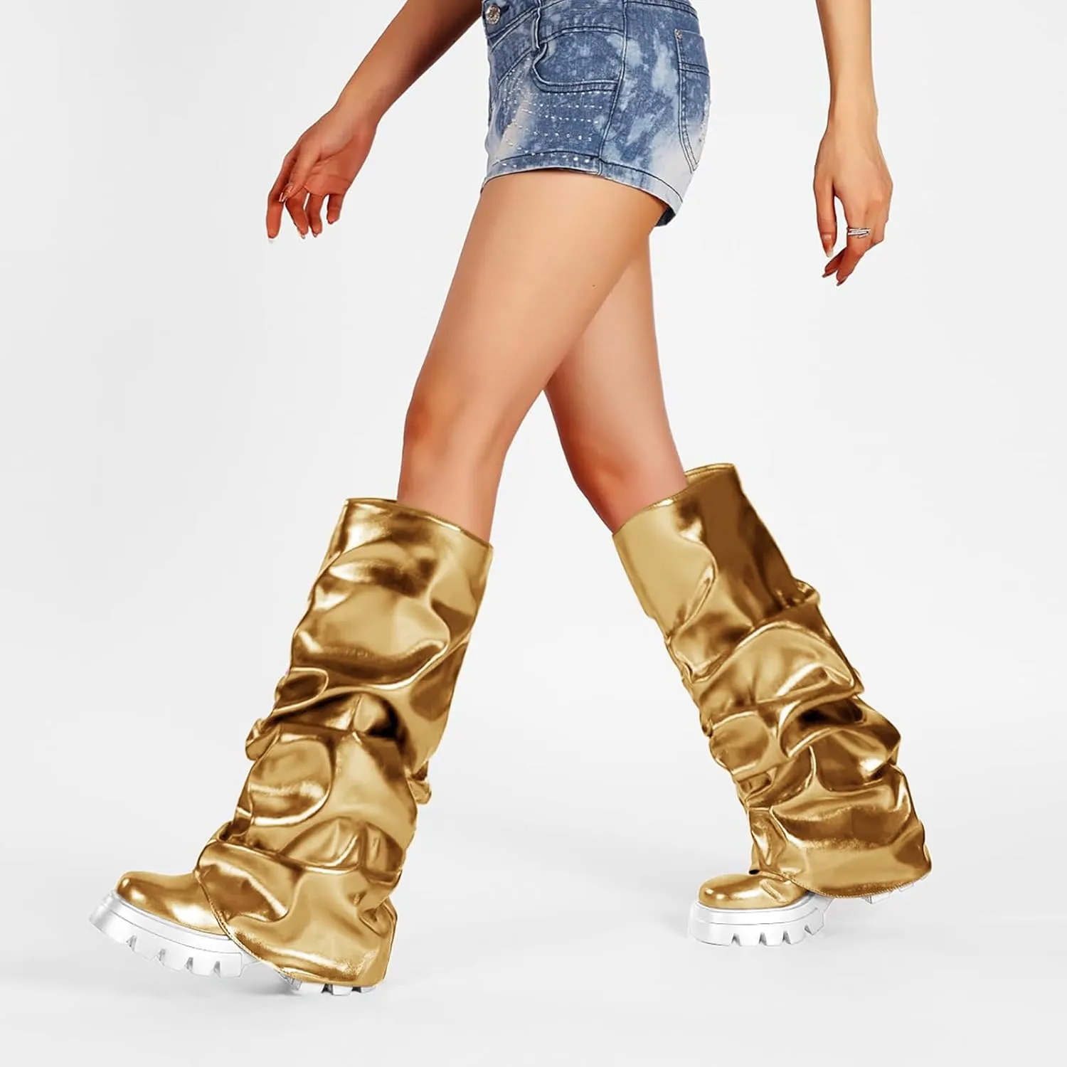 Women's Platform Round Toe Fold Over Boots Metallic Mid Calf Boots Chunky Heel Pull-On Fashion Shark Booties for Ladies Party Shoes