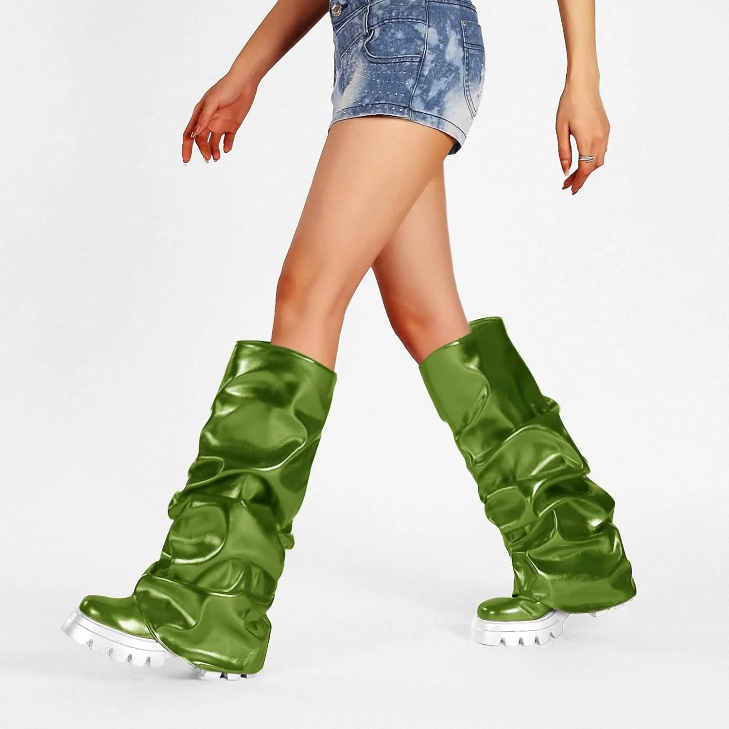 Women's Platform Round Toe Fold Over Boots Metallic Mid Calf Boots Chunky Heel Pull-On Fashion Shark Booties for Ladies Party Shoes