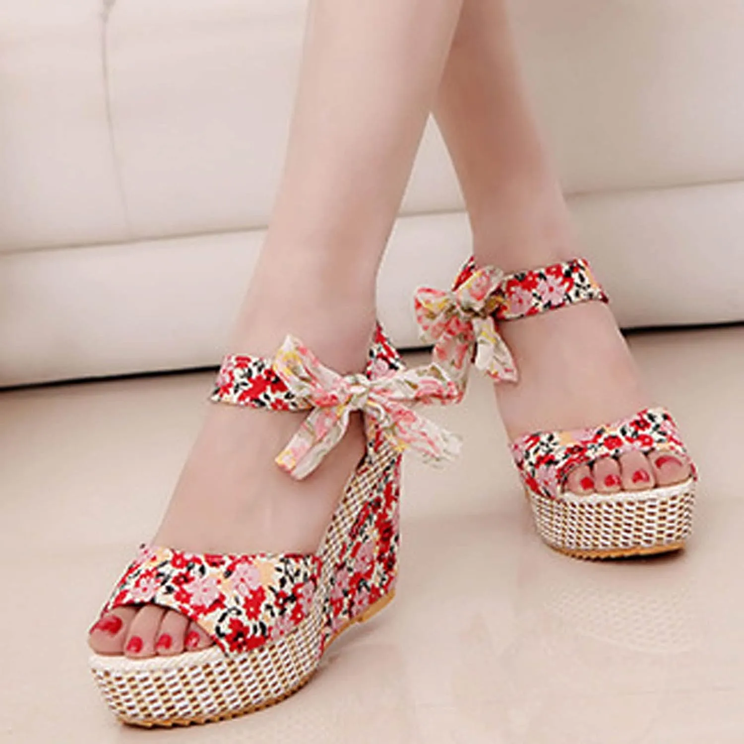 Women's Printed Wedge Sandals, Fashion Platform Cross Ankle Strap Bow Open Toe Summer High Heel Casual Sandals