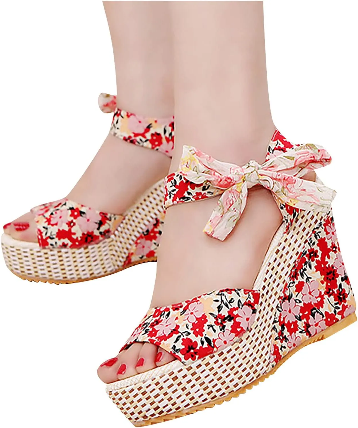Women's Printed Wedge Sandals, Fashion Platform Cross Ankle Strap Bow Open Toe Summer High Heel Casual Sandals