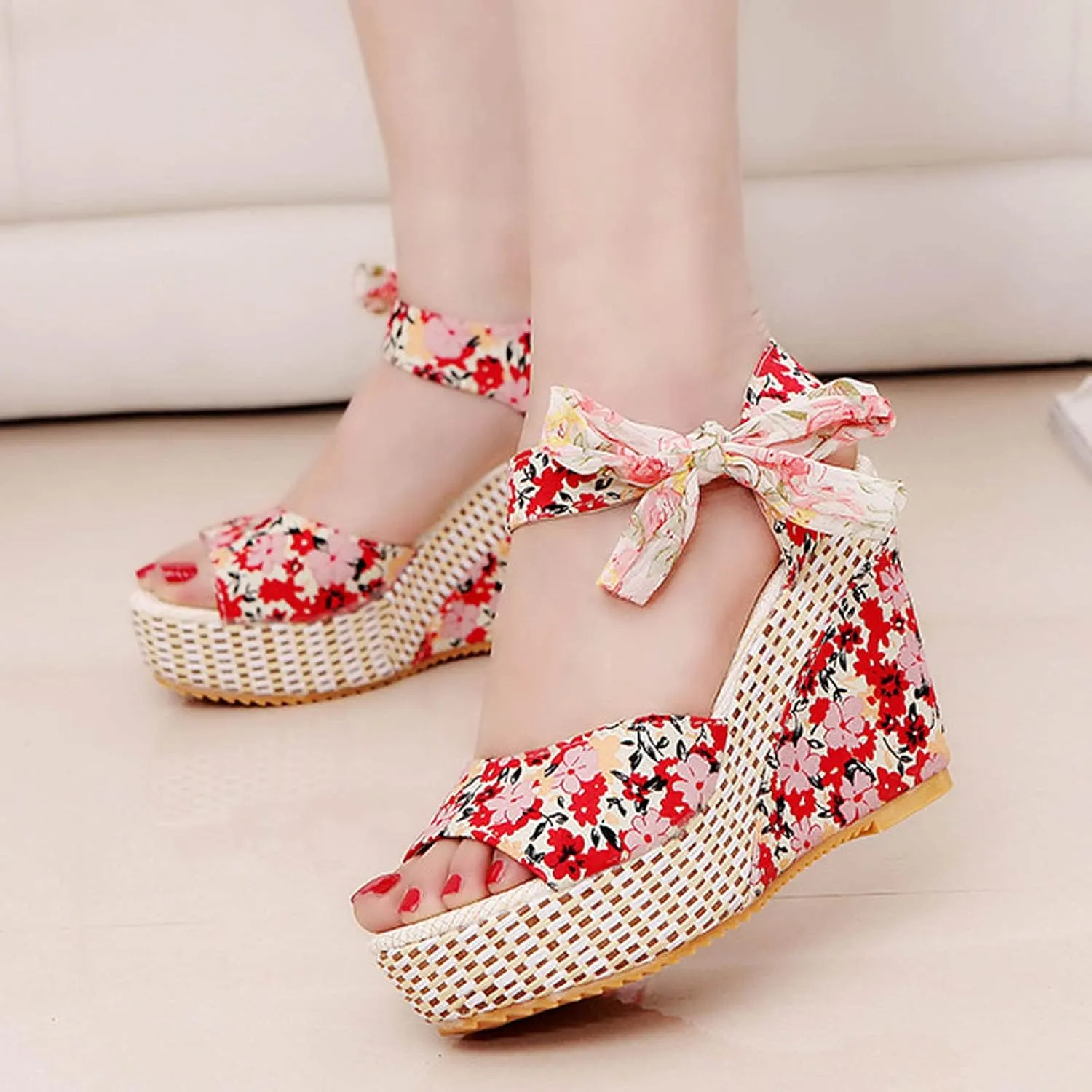 Women's Printed Wedge Sandals, Fashion Platform Cross Ankle Strap Bow Open Toe Summer High Heel Casual Sandals