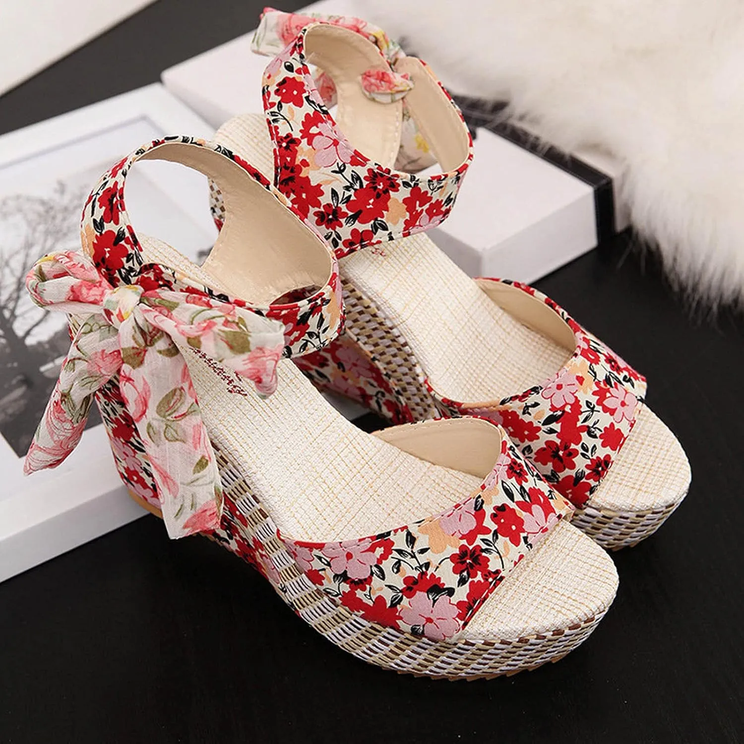 Women's Printed Wedge Sandals, Fashion Platform Cross Ankle Strap Bow Open Toe Summer High Heel Casual Sandals