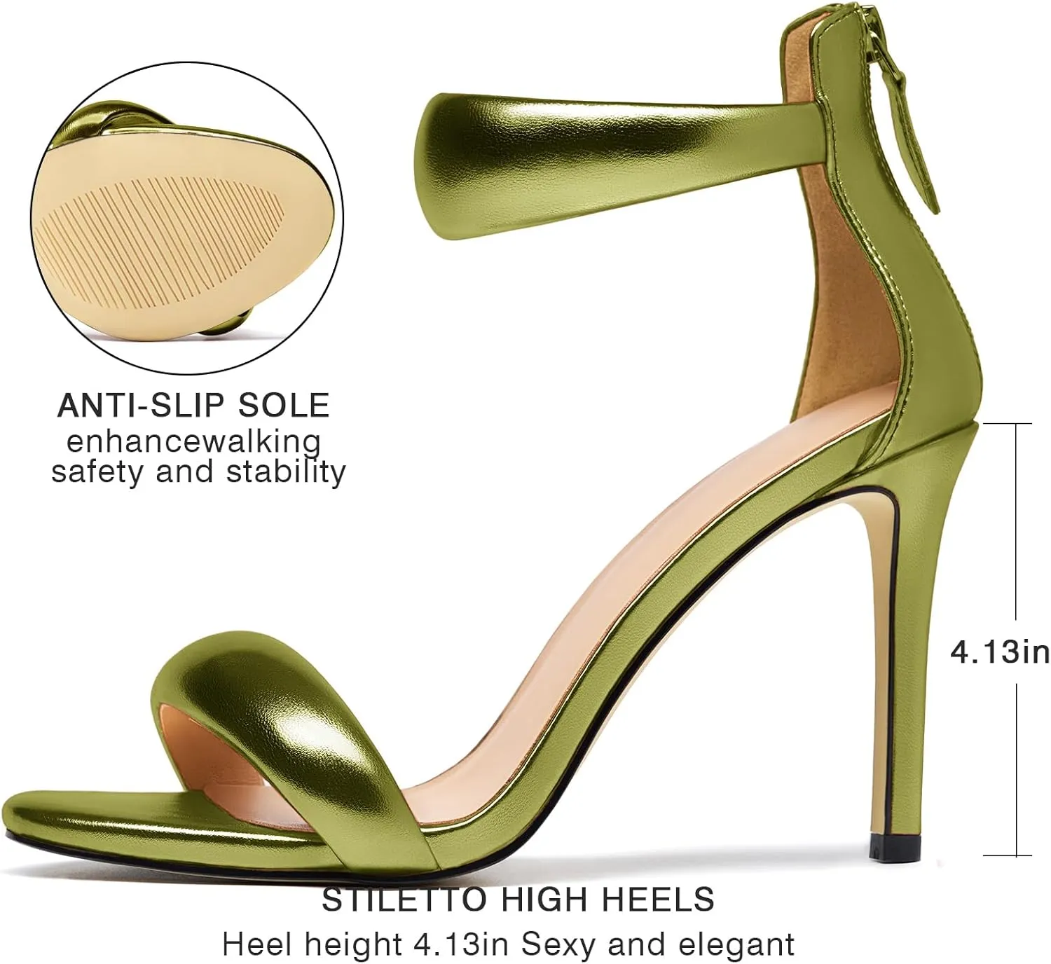 Women's Pump Open Toe Heel Sandals Back Zipper Round Ankle Strappy Stiletto Heels Sparkle Glitter Metallic Party Sexy Wedding Dressy Shoes
