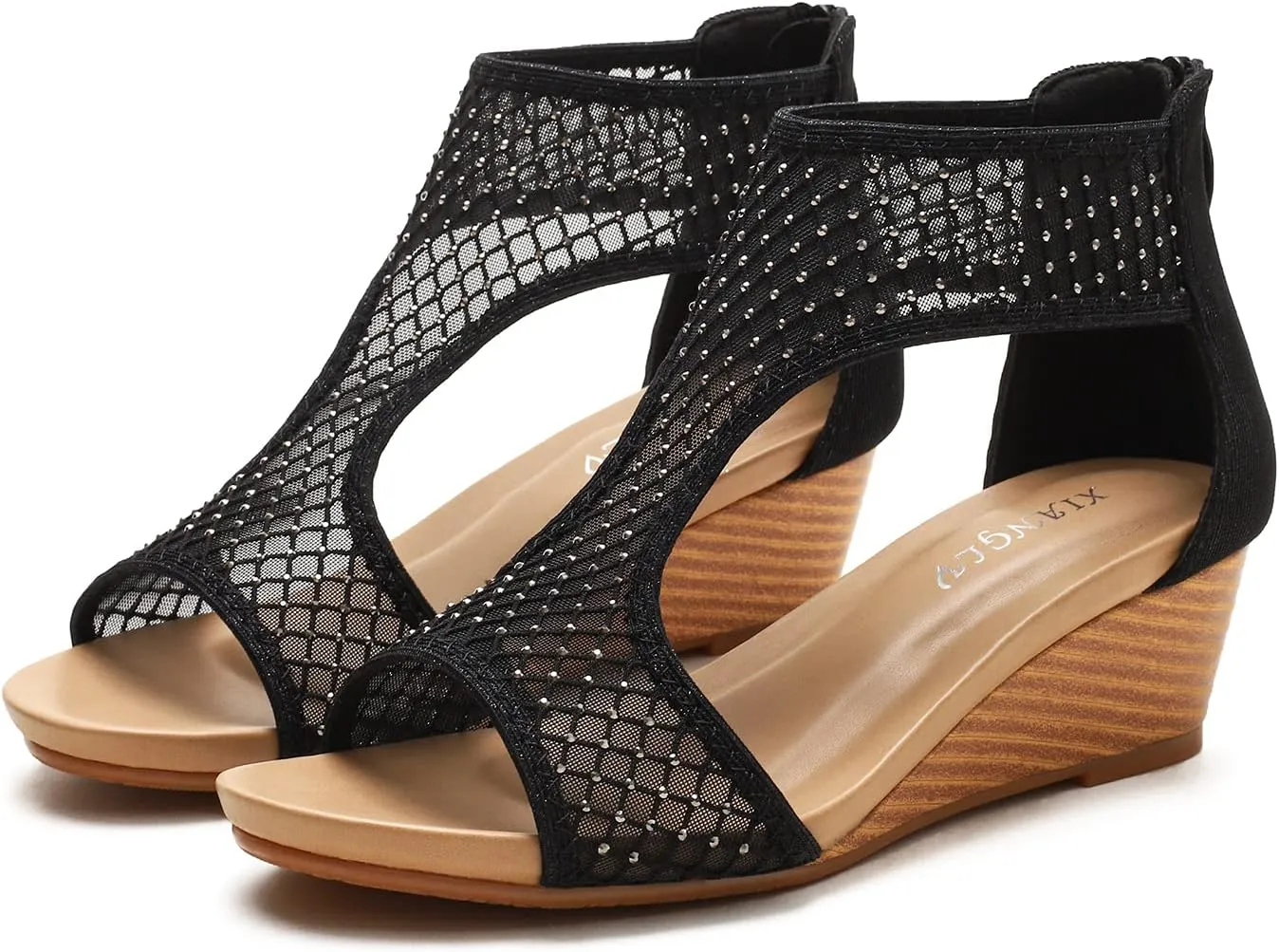 Women's Round Open Toe Wedge Sandals Zip Back Mid Heel Summer Dressy Sandals Shoes