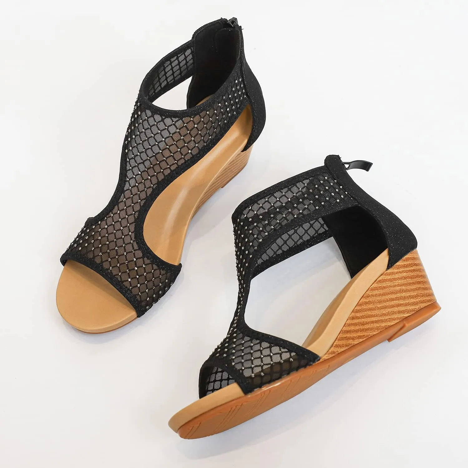 Women's Round Open Toe Wedge Sandals Zip Back Mid Heel Summer Dressy Sandals Shoes